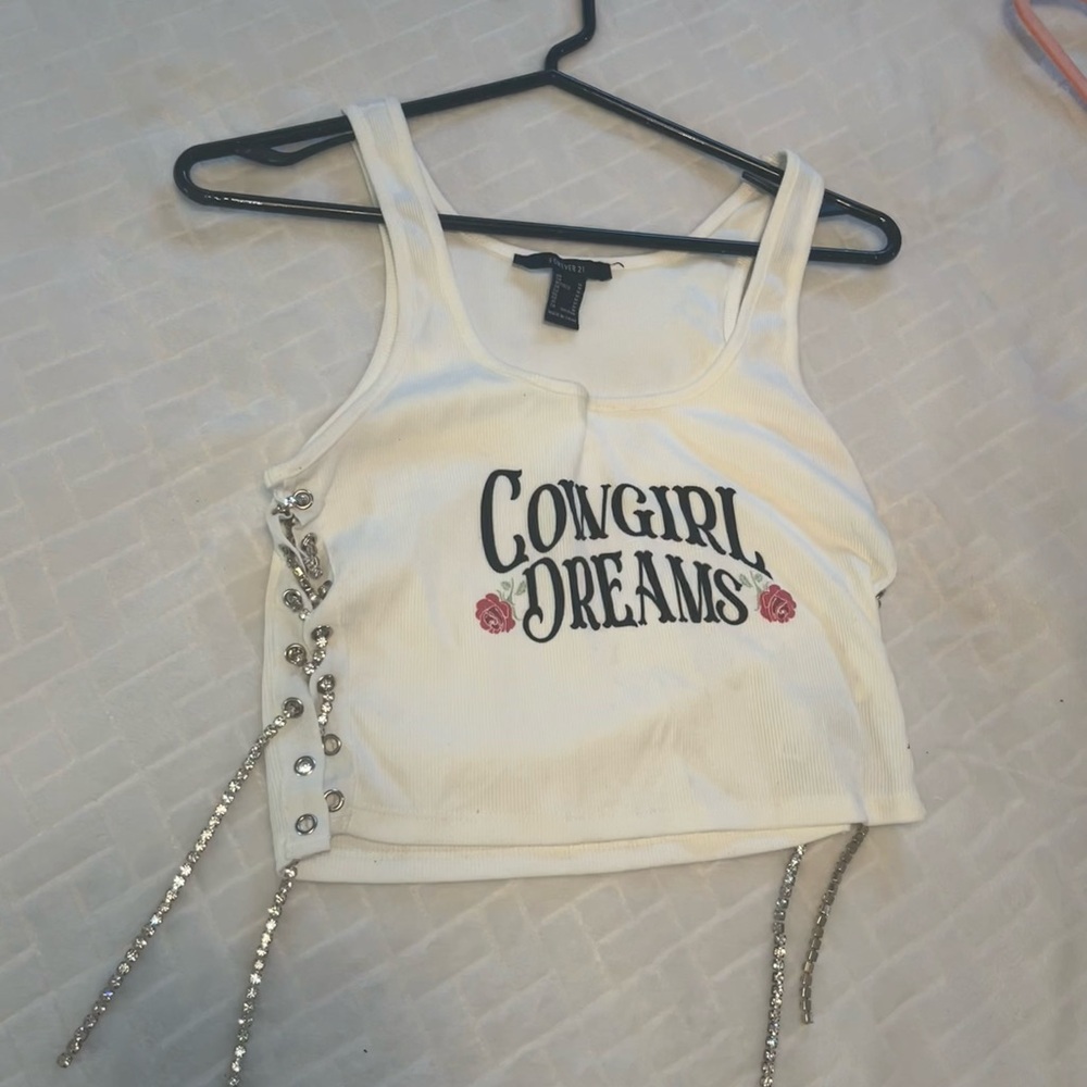 Forever 21 White Crop Top with Cowgirl Dreams Print